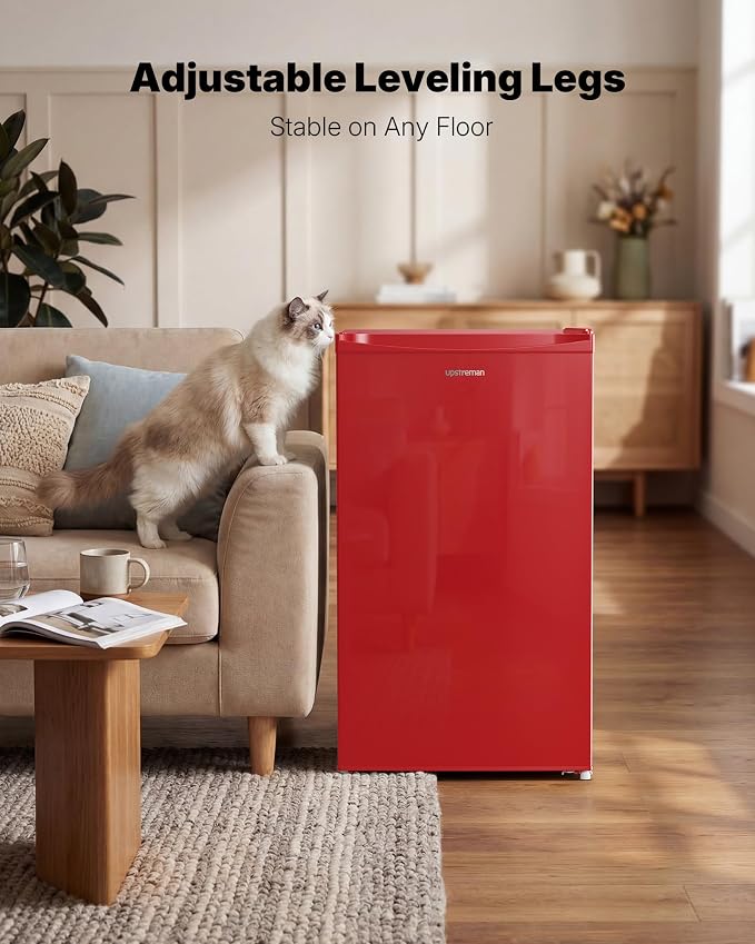 Upstreman 3.2 Cu.Ft Mini Fridge with Freezer, Red-BR321 | Adjustable Thermostat, Energy Saving, Low Noise, Reversible Door, Small Refrigerator for Dorm, Bedroom, Office - Image 6
