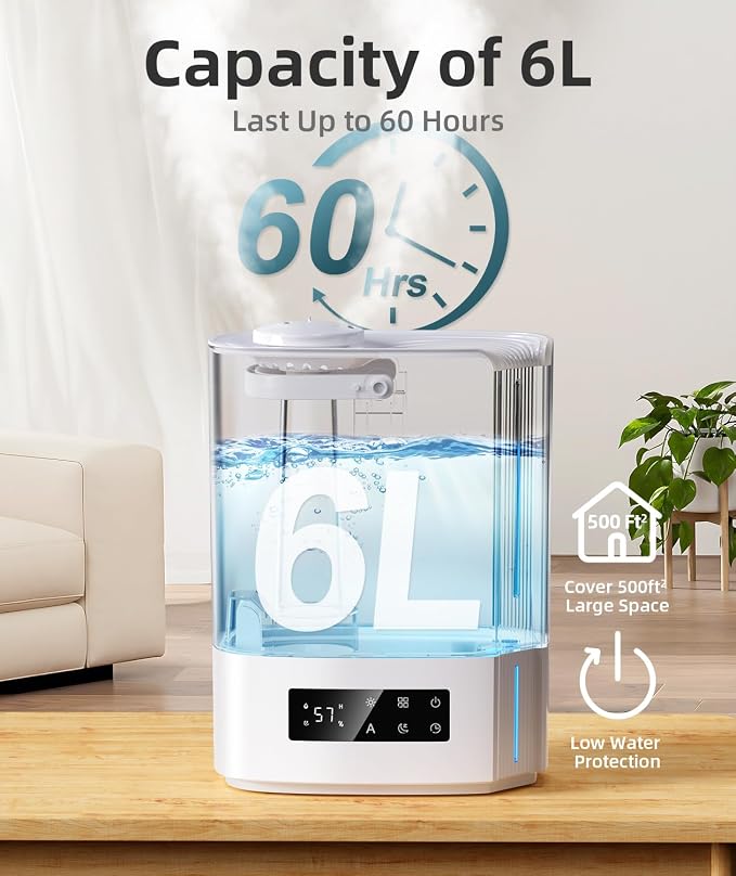 BREEZOME 6L Humidifiers for Bedroom Large Room & Essential Oil Diffuser, Ultrasonic Top Fill Cool Mist Humidifiers for Baby, Plants, Nursery Last up to 60 Hours, Smart Humidistat Control, Quiet, White - Image 2