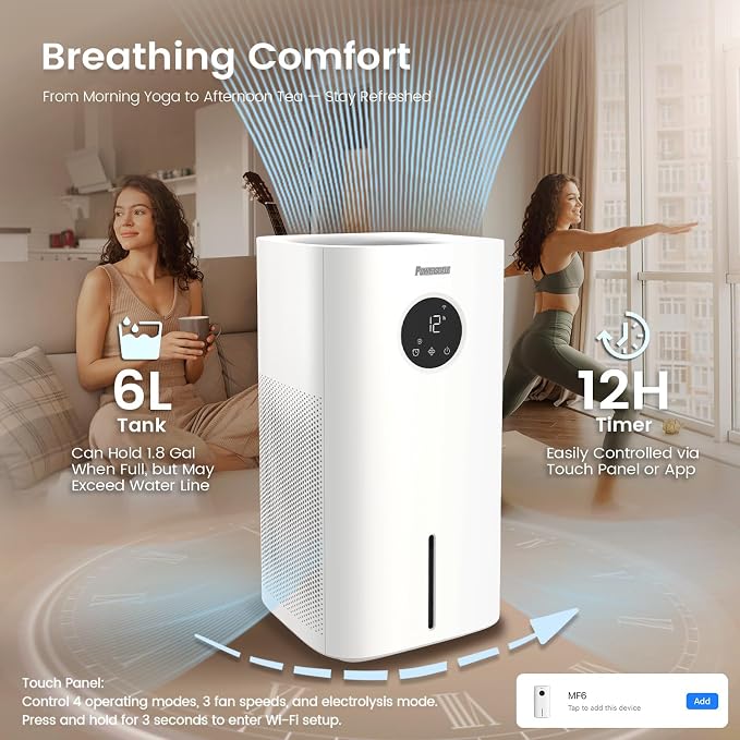 Powerscale MF6 Smart Evaporative Humidifiers for Bedroom, 1.8 Gal Top-Fill, Up to 700mL/h Mist-Free Output, WiFi Smart Touchscreen Control, Auto Filter Dry, Electrolysis Self-Clean, Quiet Sleep Mode - Image 5