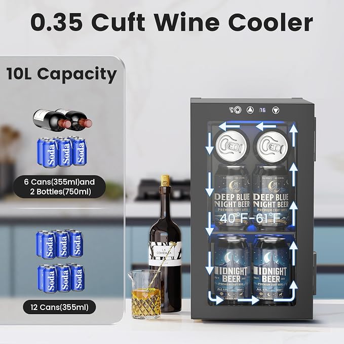 Electactic Wine Fridge Freestanding Counter-top, 12 Cans Wine Cellar Drink Cooler for Soda, Canned Beer, Adjustable Digital Temperature Control for Home Dorm Office, Black - Image 2