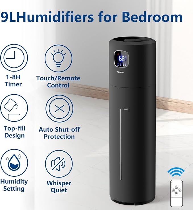 Large Humidifiers for Bedroom, 9L/2.5Gal Ultrasonic Cool Mist, Top Fill Easy Clean with 350ML/H Mist Speed, Quiet, Suitable for Kids Room Plant Yoga Office Study Room Living (Black, Round) - Image 2