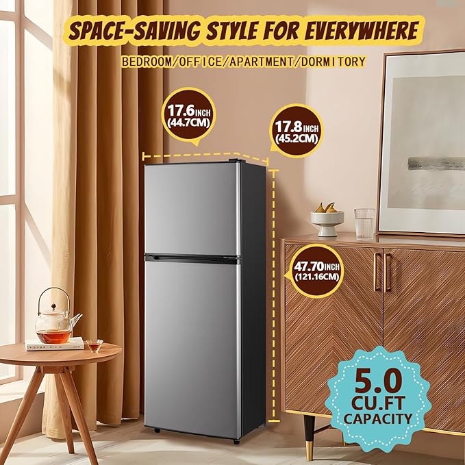 5.0 Cu.Ft Small Refrigerator with Freezer Double Door Mini Fridge Top Freezer Adjustable Temperature for Dorm Office Apartment Silver - Image 6