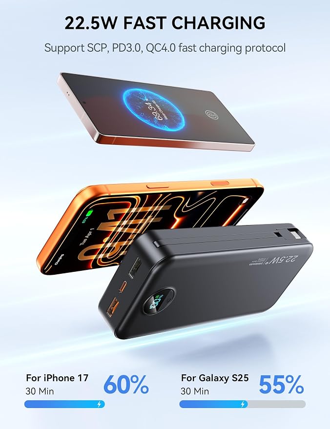Portable Charger, 20000mAh 22.5W Fast Charging Power Bank with Built-in Cables & Wall Plug, USB C External Battery Pack with LED Display, Travel Essentials Phone Charger for iPhone iPad Samsung Black - Image 4