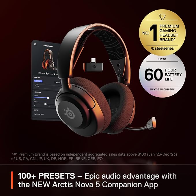 SteelSeries Arctis Nova 5 Wireless Multi-System Gaming Headset — Neodymium Magnetic Drivers — 100+ Audio Presets — 60 HR Battery — 2.4GHz or BT — ClearCast Gen2.X Mic — PC, PS5, PS4, Switch, Mobile - Image 2