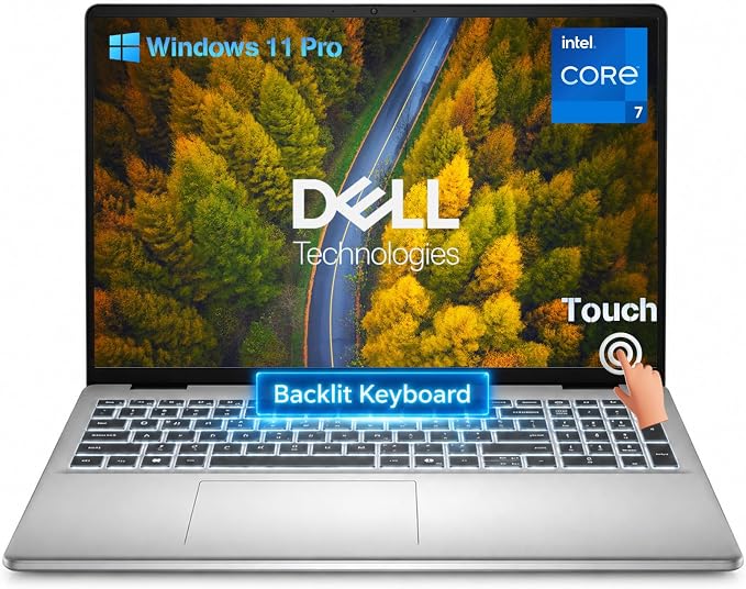 Dell 16 Touchscreen Laptop, Core 7 150U, 32GB DDR5 RAM 5200MT/s, 2TB SSD | 16:10 FHD+ 300nits WVA/IPS Display, Full-size Backlit Keyboard with Number Pad, Fingerprint Reader, Ai Copilot Key, Win11 Pro by Dell