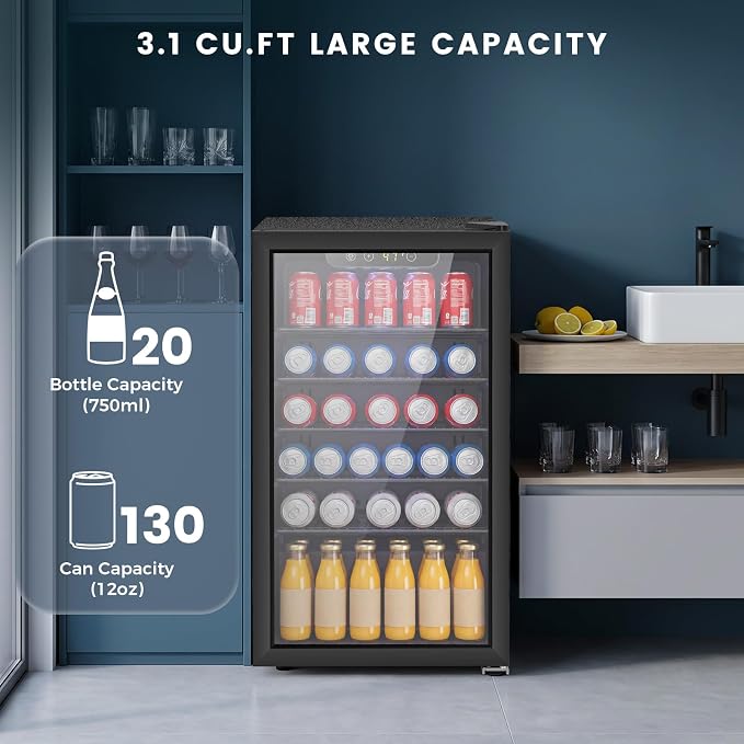 Electactic 130 Can Mini Fridge, 3.1 Cu. Ft. Beverage Cooler with Adjustable Digital Thermostat, Quiet Operation for Soda Beer Wine, Compact Refrigerator for Dorm Office Garage, Black - Image 3