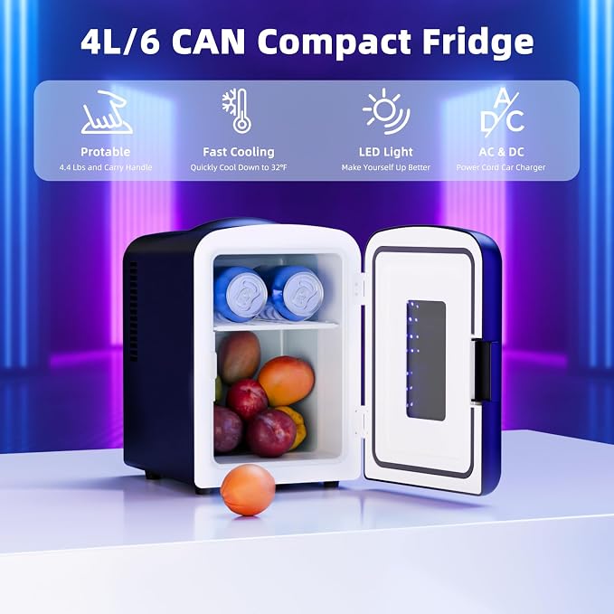 Antarctic Star Mini Fridge 4 Liter/6 Cans Portable Mini Compact Refrigerator with Gaming Light, for Bedroom,Car,Office and Dorm, Small Cooler for Cosmetics, Beverage and Food, Black - Image 3