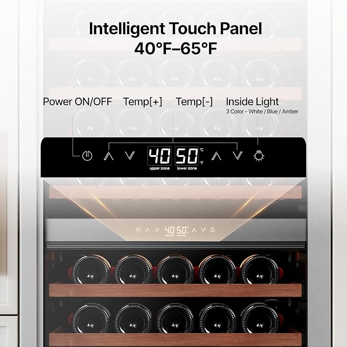 Ca'Lefort 24 Inch Dual Zone Wine Fridge, 155 Bottle Built-In Wine Cooler | 69-Inch Tall Wine Cellar, Quiet Inverter Compressor, 40-65°F Temperature Control, Display Shelf, Glide-Out Shelves & Drawer - Image 3
