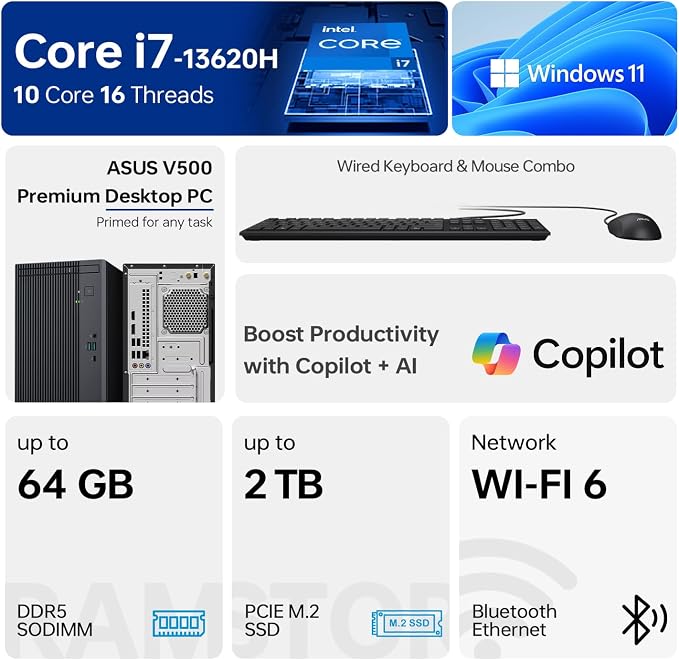 ASUS V500 Home & Business Tower Desktop, 10-core Intel Core i7-13620H Processor, 16GB DDR5 RAM, 1TB SSD, DisplayPort, Wi-Fi 6, Wired KB & Mouse, Win11 Pro, Bundle with ADATA 64GB USB Flash Drive - Image 2