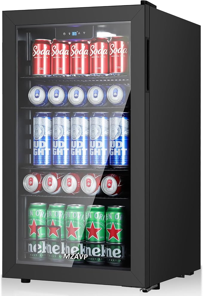 120 Can Beverage Refrigerator, Freestanding Beverage Cooler with Digital Temperature Display, Mini Drink Beer Soda Fridge for Office or Bar, White Indicator Light & Reversible Door - Black by MZAVP