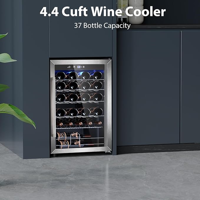 Electactic 4.4 Cu.ft Wine Cooler Refrigerator, 37 Bottle Freestanding Cabinet Wine Cellars, Wine Fridge with Glass Door for Home Use, Protecting Your Reds, Silver - Image 2