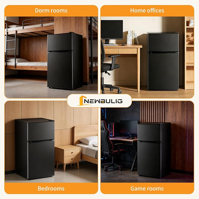 NEWBULIG Mini Fridge with Freezer 3.2 Cu.Ft Small Refrigerator for Office, Dorm, Small Fridge with Adjustable Thermostat, Energy Saving, Dual Door, Black - Image 2