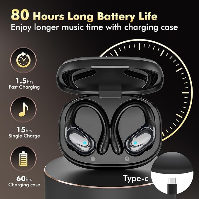 HAOYUYAN Wireless Earbuds, Sports Bluetooth Headphones, 80Hrs Playtime Ear Buds with LED Power Display, Noise Canceling Headset, IPX7 Waterproof Earphones for Workout/Running (Black) - Image 2