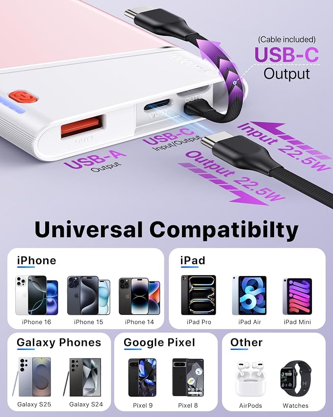 Aaoyun Portable Charger Power Bank, 10000mAh 22.5W PD Fast Charging Powerbank with Built-in USB C Cable, Slim External Phone Battery Pack for iPhone 17/16/15 Samsung S24 Android etc (Pink) - Image 7