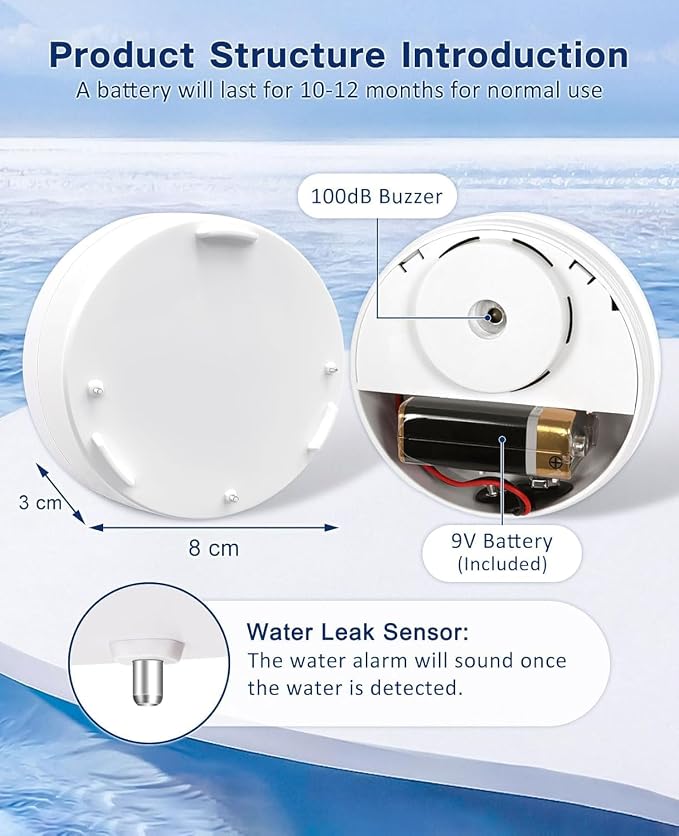 Geevon 3 Pack Water Leak Detectors, 100dB Water Sensor Alarms Flood Detector - Image 5