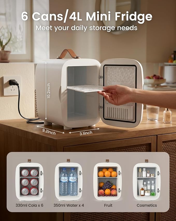 FANSEXPERT Cosmetic Fridge, Portable Mini Fridge for Skincare Food Drinks, 4L/6 Can Electric Plug In Cooler & Warmer, AC/DC Skincare Refrigerator for Bedroom Office Car Dorm (White) - Image 2
