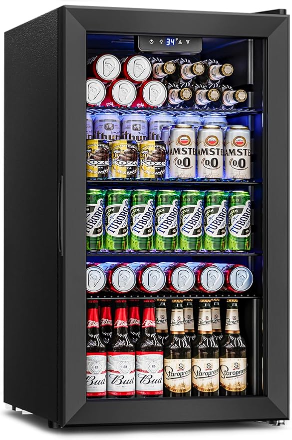 Feelfunn 26 Bottle 126 Can Wine Cooler, 3.2CuFt Mini Fridge with Glass Door | 34-64°F, <36dB, 4 adjustable shelves, for beer, soda, water in bedroom, office, home bar, dorm by Feelfunn
