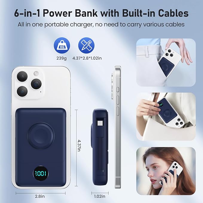 Magnetic Portable Charger for MagSafe with Built-in Cable,iWatch Charger,10800mAh Wireless Power Bank Travel Essentials,25W PD Fast Charging Battery Pack for iPhone 17/16/15/14/13/12,Apple Watch-Navy - Image 9