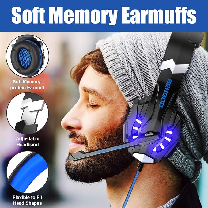 BENGOO G9000 Stereo Gaming Headset for PS4 PC Xbox One PS5 Controller, Noise Cancelling Over Ear Headphones with Mic, LED Light, 7.1 Surround Sound, Soft Memory Earmuffs for Nintendo Xbox Series X|S - Image 3