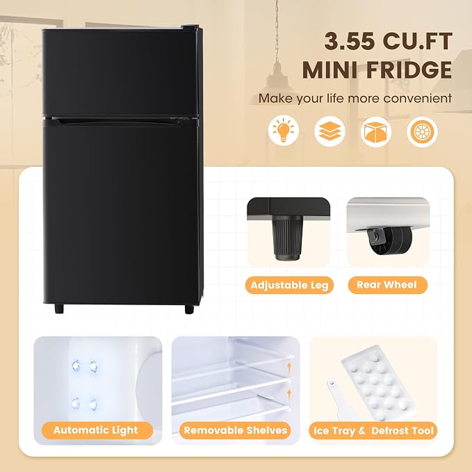 3.55 Cu.Ft Mini Fridge Freezer for Dorm/Office, 2-Door, Quiet | 3.55 cu ft mini fridge with separate freezer, quiet 38dB for sleep, 7-level thermostat, adj shelves, for dorm/office/kitchen. - Image 6