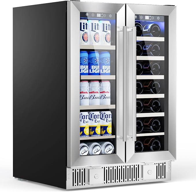 Electactic Dual Zone Wine Cooler with Glass Door, 21 Bottles and 88 Cans Wine and Beverage Refrigerator, 4.4 cu.Ft 24 Inch Built in or Under Counter Wine Fridge with LED Light, Two Door Lock by Electactic