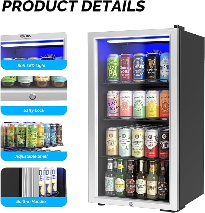 Bonnlo 130 Cans/3.3 Cu.Ft Beverage Refrigerator Cooler with Glass Door & Safety Lock, Quiet Mini Drink Fridge with Adjustable Shelf & Feet, Small Wine Cooler for Bedroom, Bar & Office, 32-50°F, 115V - Image 4