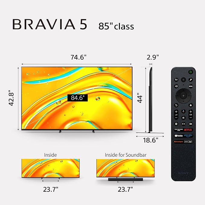 Sony 85 Inch BRAVIA 5 Mini LED 4K HDR Smart Google TV (K-85XR50) | XR Processor with AI Technology, Dolby Vision/Atmos, XR Backlight Master Drive, 120Hz Refresh Rate, 4K movie credits included - Image 5