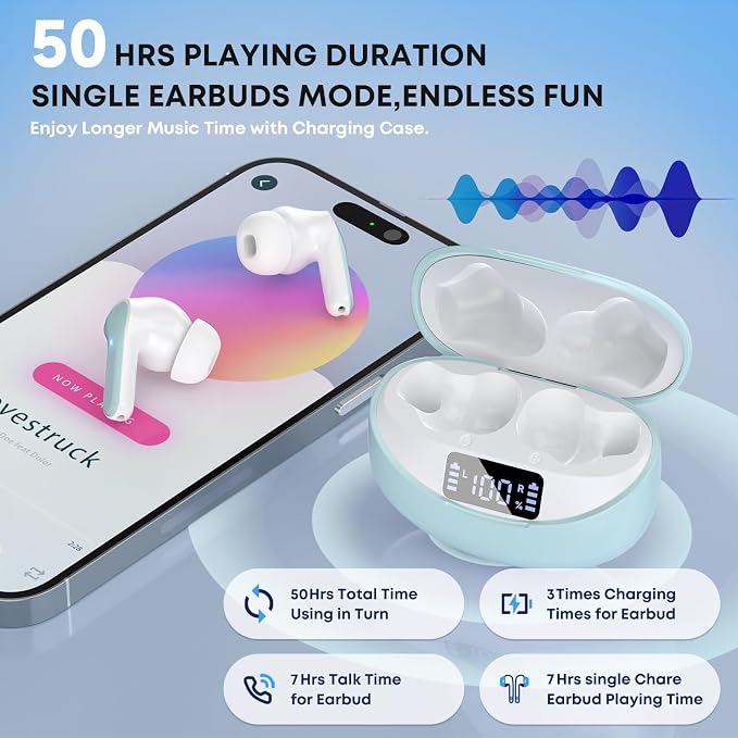 Wireless Earbuds Bluetooth 5.4 Headphones, Noise Cancelling Mic Ear Buds with 50H Playback, LED Digital Display, IPX7 Waterproof Earphones for Office/Running/Workout(Light Green) - Image 3