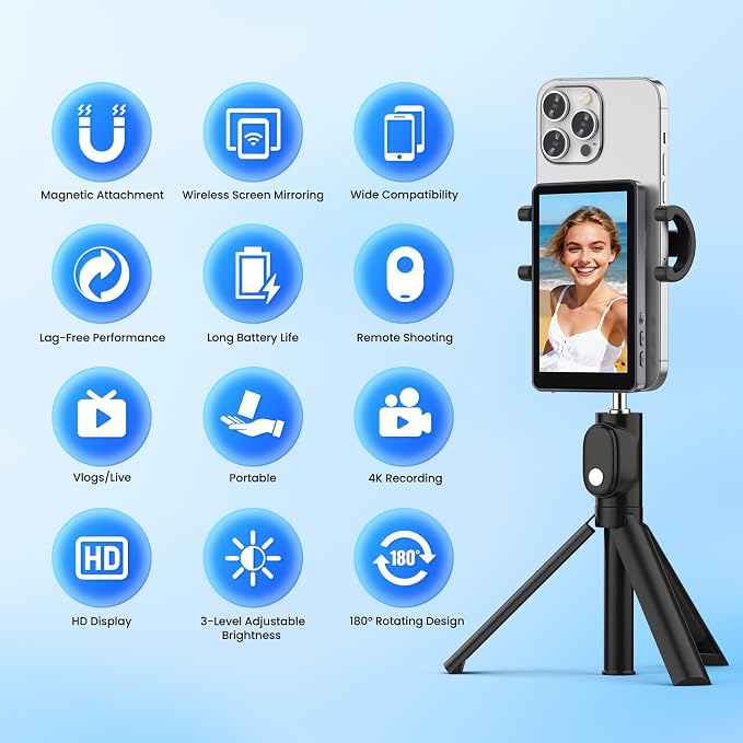 Vlog Selfie Monitor Screen iPhone, 4K 60fps Recording, Wireless Screen Mirroring - Image 2