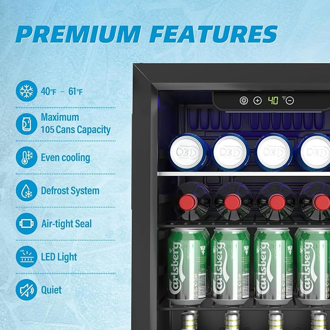 Erivess Compact Beverage Refrigerator, 105 Can/2.7 Cubic Feet Fridge with Glass Front Door for Soda, Beer or Wine, Under Counter Small Refrigerator with Adjustable Shelve & Digital Display(Black) - Image 7