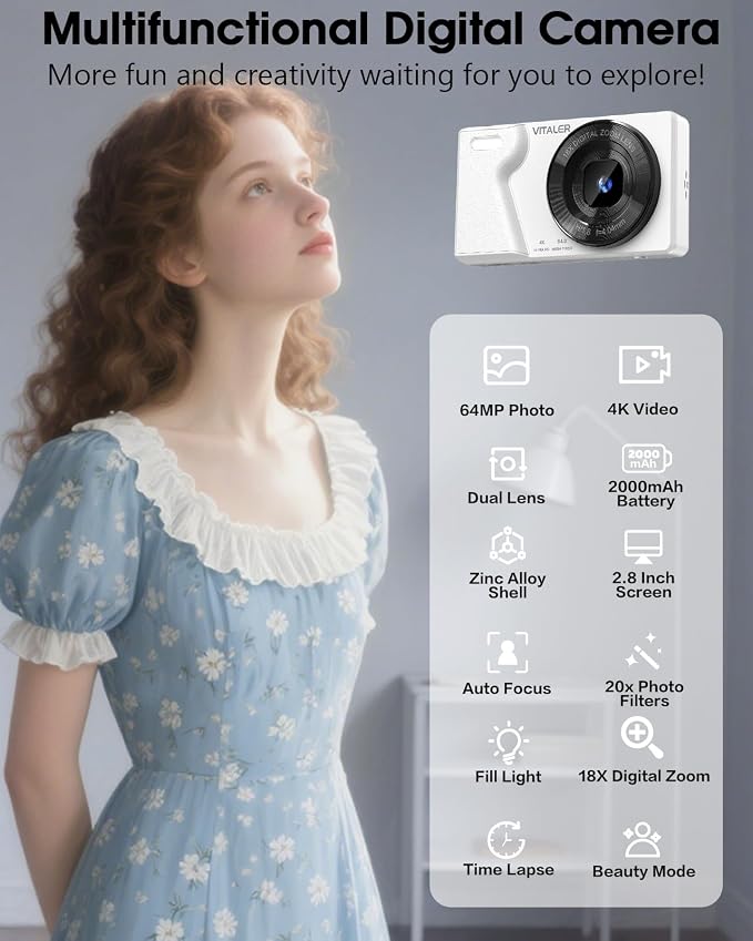 Digital Camera with Front Rear Lens, Autofocus 64MP 4K Camera - Image 5