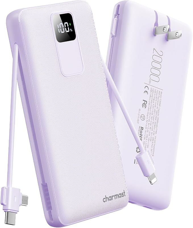 charmast 20000mAh Portable Charger with Built-in Cables & Wall Plug, 20W USB C Power Bank, Fast Charging Battery Pack Travel Essentials Compatible with iPhone 16/15/14 Series, Samsung, Google, iPad by Charmast