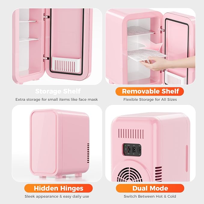 OSTBA Mini Fridge for Skincare, 6 Liter/8 Can 110V AC/ 12V DC Portable Thermoelectric Cooler Refrigerators for Bedroom, Skincare, Beverage, Office, Dorm Room and Car, Pink - Image 5
