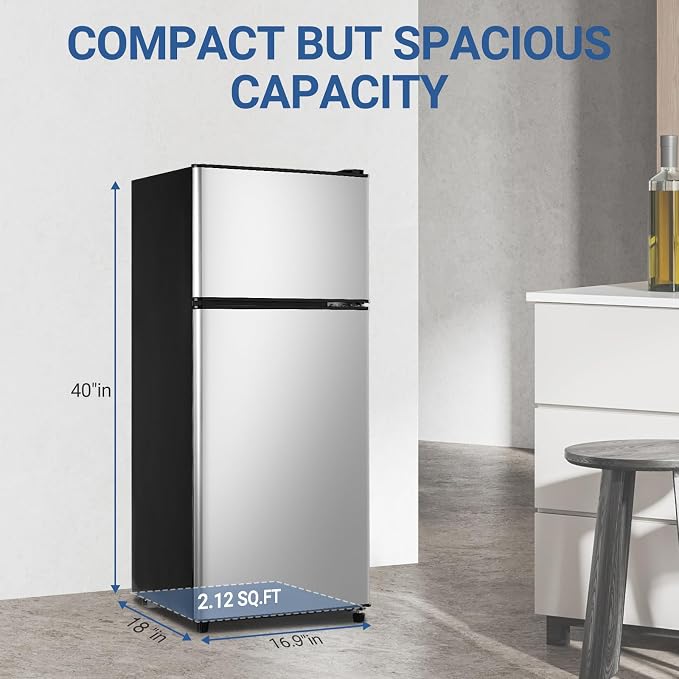 Apartment Size Refrigerator, 4.0 Cu.Ft Compact Fridge with Freezer Silver | Suitable for Apartment, Office, Kitchen, Dorm, Small Refrigerator with 7 Temperature Modes, Double Door - Image 2