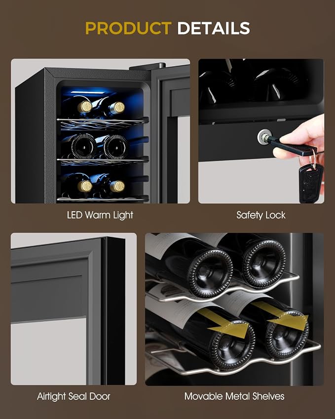 Feelfunn 12 Bottle Wine Cooler Refrigerator - Small Wine Fridge for Red, White, Champagne, Freestanding Wine Cellar with Glass Door & Digital Temperature Control for Home Bar, Office - Image 7