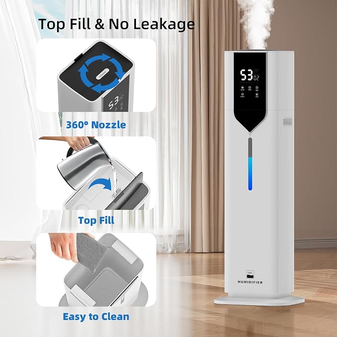 10L/2.6Gal Smart Humidifiers for Bedroom Large Room up to 600ft², 100H Runtime Cool Mist Top Fill, Ultra Quiet 30dB, Auto Control, Perfect for Bedroom, Office, Baby, White - Image 6