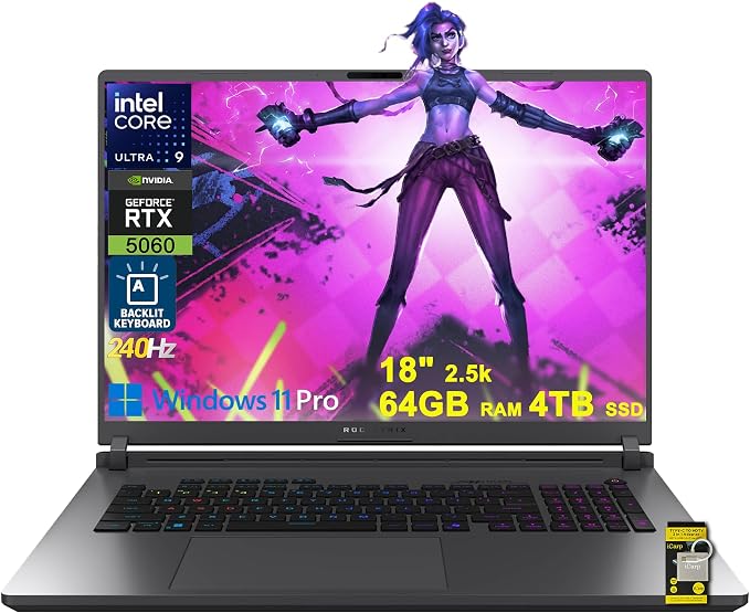 ASUS ROG Strix G18 G815 Gaming AI Laptop 18" 2.5k 240Hz 3ms 100% DCI-P3 Intel 24-core Ultra 9 275HX 64GB DDR5 4TB SSD GeForce RTX 5060 (Up to 572 NPU Tops) RGB Backlit Thunderbolt Win11Pro ICP Hub by ASUS