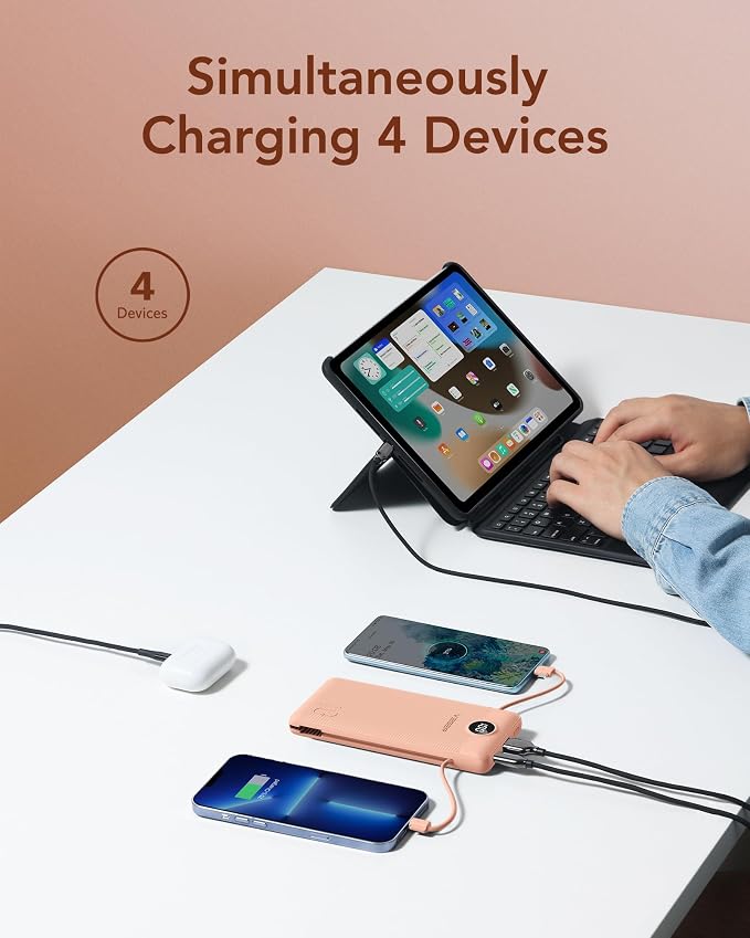 VEGER Portable Charger with Built-in AC Plug and Cables, All in One 10000mAh Ultra Slim Power Bank Travel Essentials, Fast Charging Battery Pack Compatible with iPhone, Samsung, More(Dark Pink) - Image 8