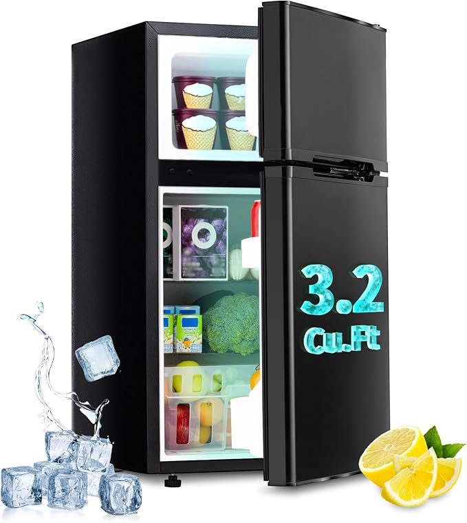 3.2 Cu.Ft Mini Fridge with Freezer, Double Door Small Refrigerator, Dorm Fridge with 3 Adjustable Thermostat, Energy Saving, Low Noise, Compact Refrigerator for Office, Bedroom, Dorm, Black by Stopsad