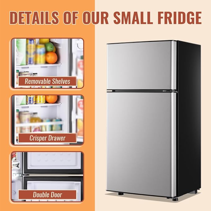 45L Mini Fridge with Double Doors Silver Small Refrigerator with Separate Freezer & 7 Adjustable Temperature Control, Tiny Size & Personal Fridge Ideal for Office Apartment Dorm - Image 6