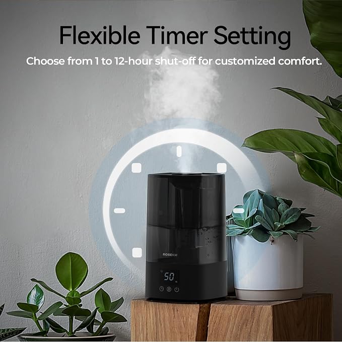 Automatic Humidifiers for Bedroom Large Room, 4.5L Cool Mist Humidifier for Home & Plant with Timer & Humidity Sensor, Last Up to 18H on High Setting, Auto Shut-Off, 360° Nozzle (Black) - Image 4