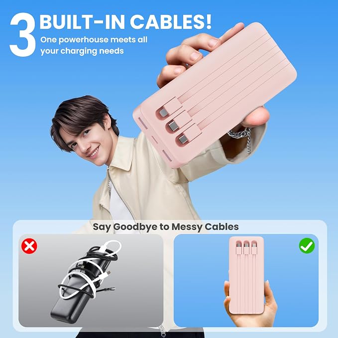 Portable Charger 50800mAh Power Bank with 3 Built in Cables,25W PD QC4.0 Fast Charging USB C Battery Pack,6 Outputs 2 Inputs Travel Essentials Phone Charger for iPhone 17/16/15,Google,Android,Pink - Image 7