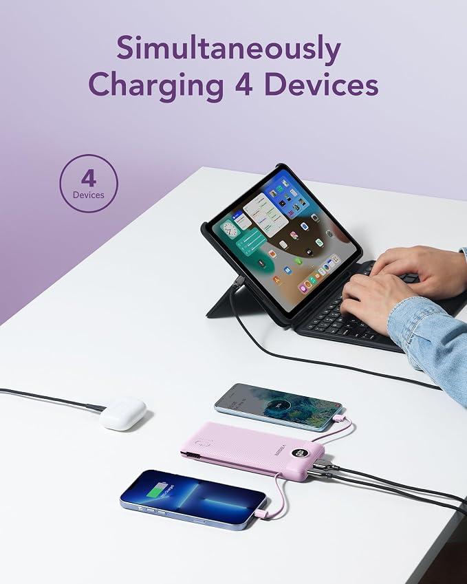 VEGER Portable Charger with Built-in AC Plug and Cables, All in One 10000mAh Ultra Slim Power Bank Travel Essentials, Fast Charging Battery Pack Compatible with iPhone, Samsung, Android (Purple) - Image 4