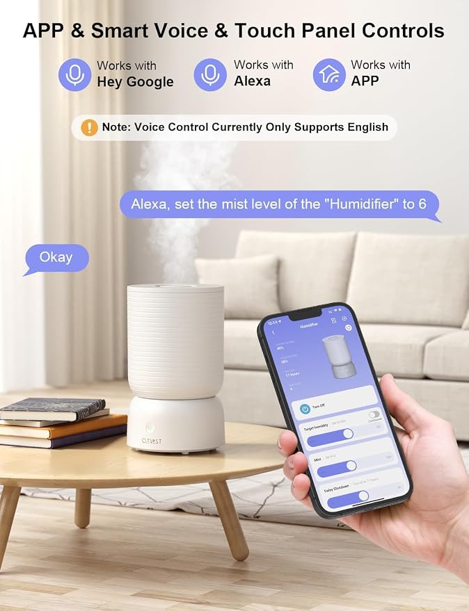 CLEVAST Smart Humidifiers for Bedroom, Top Fill 3L Cool Mist Quiet Ultrasonic Humidifier with Essential Oil Diffuser, Humidity Control, Wi-Fi Air Humidifier for Baby, Home, Compatible with Alexa - Image 4