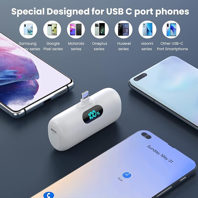 Feob Mini Portable Charger 5000mAh Power Bank,15W PD USB C Cell Phone Portable Power,LCD Display Battery Pack Compatible with iPhone 17/Air/17 Pro/17Pro Max/16/15 Android/Samsung/Moto(Type-C Only) - Image 2