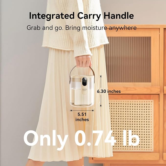 Rechargeable Portable Top Fill Humidifier, Smart Humidifiers for Bedroom, Night Light, 1.4L Cool Mist Humidifier for Office Home Plant Baby, 3-Speed Mist Control, Quiet, Auto Shut-Off (Beige) - Image 2