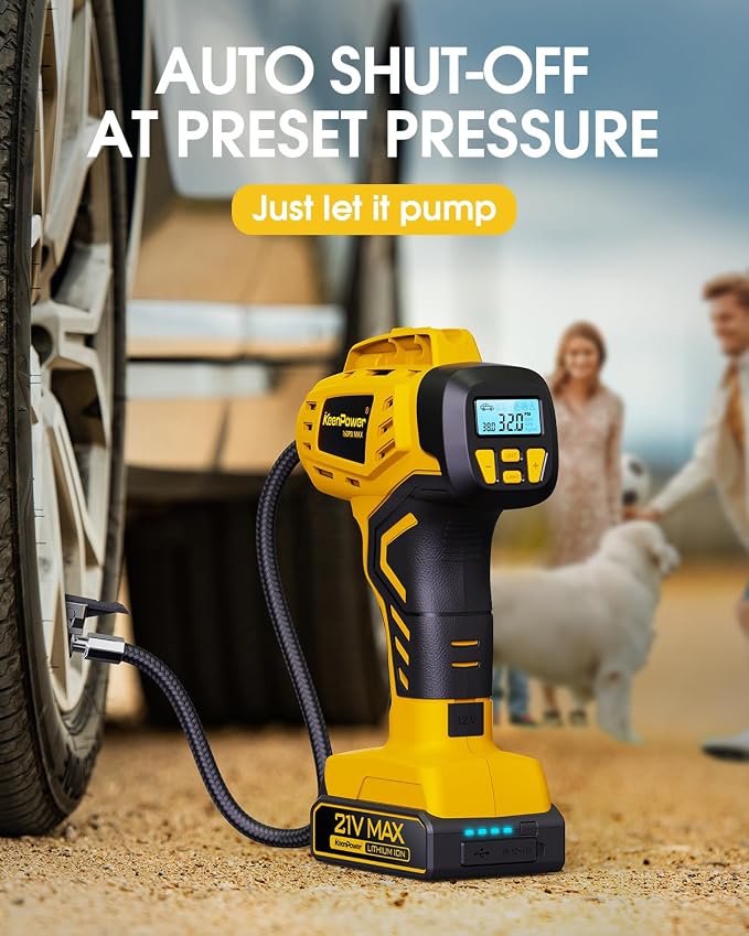 KeenPower Tire Inflator Portable Air Compressor - Super Fast - 21V Rechargeable Battery Powered Handheld 160PSI Tire Inflator, Dual Power Supply Modes, Portable Air Pump for Car Motorcycle E-Bike - Image 5