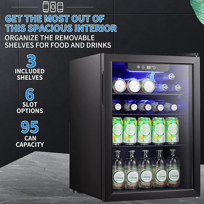 Antarctic Star Mini Fridge-95 Can Beverage Refrigerator Wine Cooler Clear Front Glass Door Small Drink Touch Screen for Soda Beer Bar Office Home 2.6 cu.ft | 95 Can Capacity, Clear Front Glass Door, Touch Screen for Soda Beer Bar Office Home - Image 2