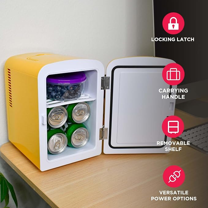 Frigidaire Curtis EFMIS151 Mini Portable Compact Personal Cooler Fridge, 4 Liter Capacity, 6 Cans, Makeup, Skincare, Freon-Free & Eco Friendly, Includes Home Plug & 12V Car Charger, Yellow - Image 3