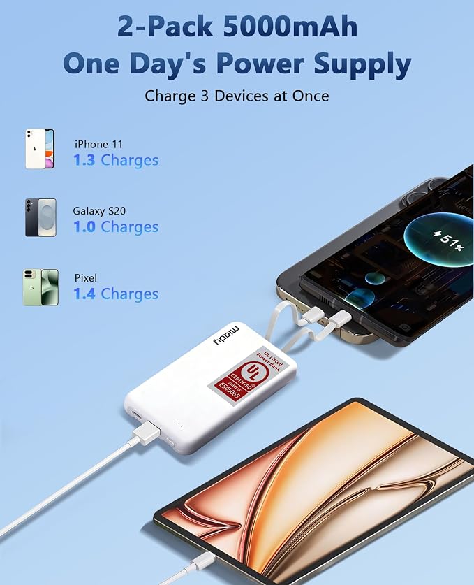 Miady 2-Pack UL Listed Small Portable Charger, 5000mAh Slim Power Bank Built-in 2 Cables Compatible with iPhone 17/16/15/14/13 Galaxy S24/S22 etc (2 White) - Image 5